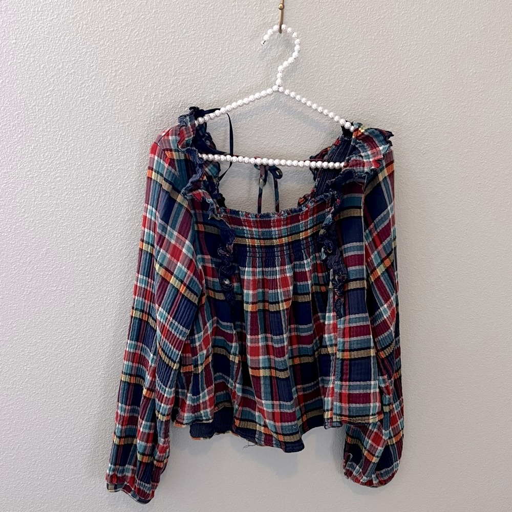 We the Free Plaid Peasant Top